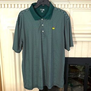 Masters Tech brand golf shirt, green and white thin stripes, XL